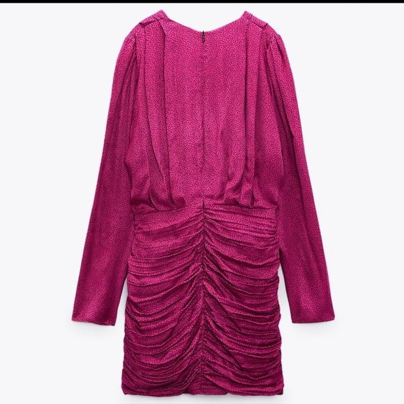 Zara Women's Ruched Satin Effect Print Wrap Dress Fuchsia Pink Size Small - Picture 5 of 15